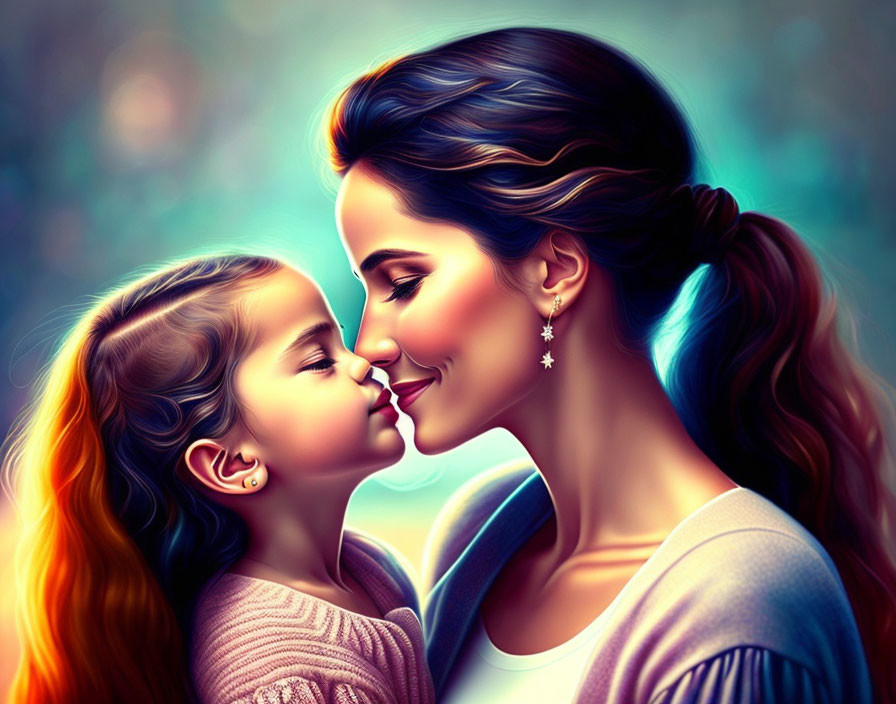 Mother and daughter tender moment in digital painting