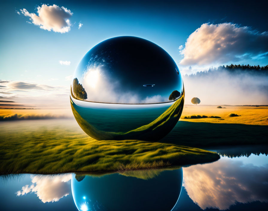 Reflective sphere distorts scenic landscape with clouds, grass, trees on shiny surface