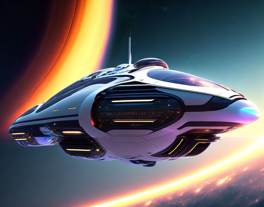 Sleek futuristic spaceship near planet with glowing rings