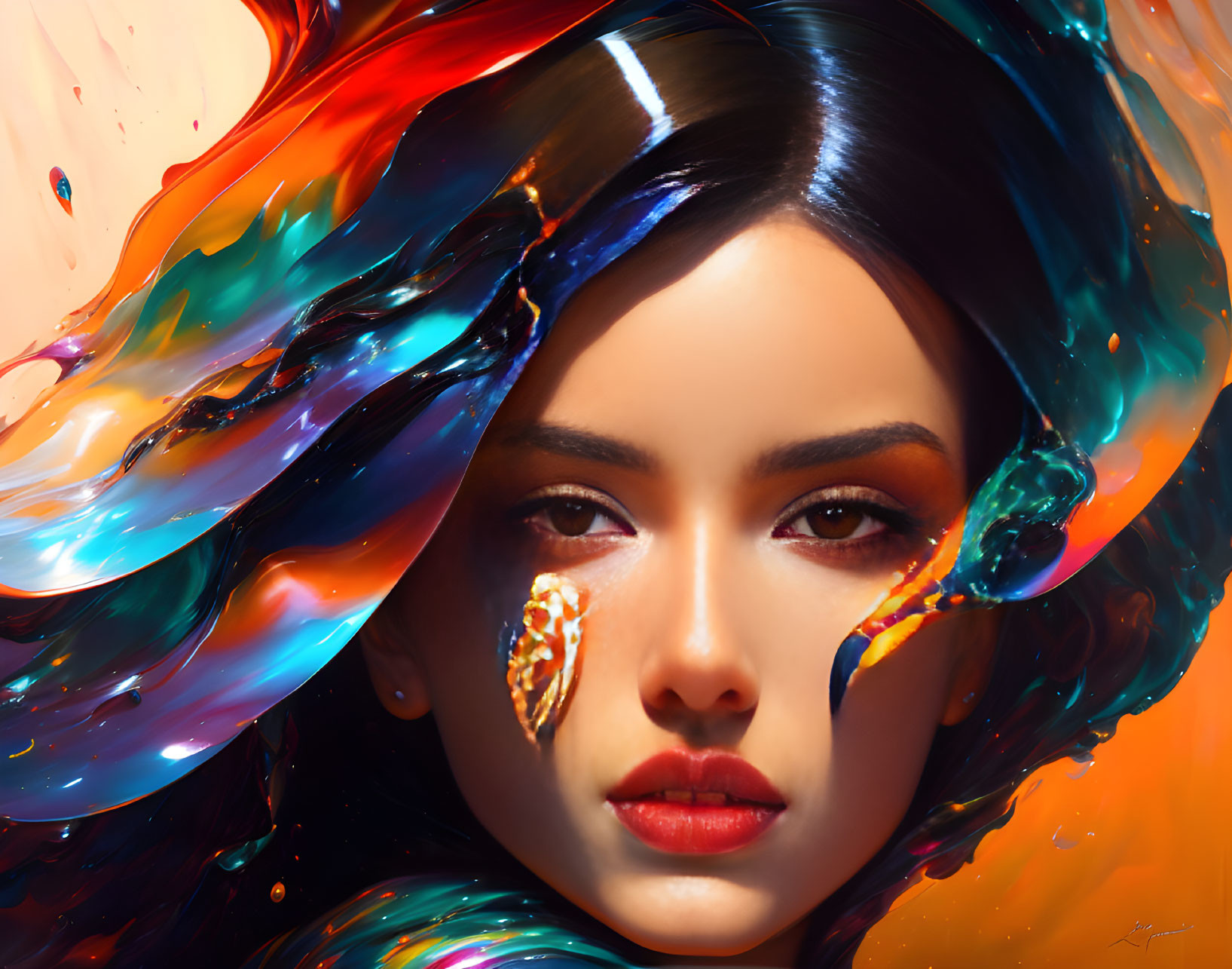 Colorful digital artwork: Woman with flowing paint-like hair