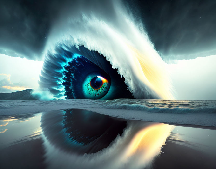 Gigantic eye blending with turbulent sky and ocean reflection