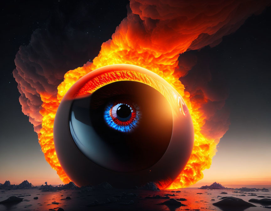 Surreal giant eye with fiery explosion in twilight sky