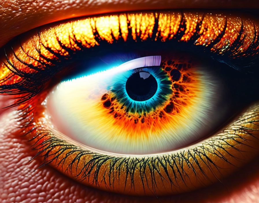 Vividly colored human eye with fiery orange and deep blue hues.