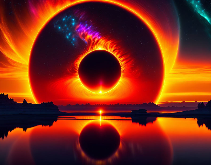 Surreal landscape with glowing black hole and nebulae reflection at sunset