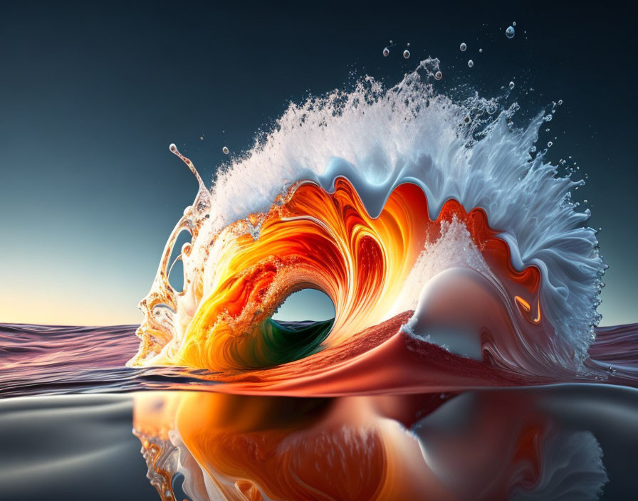 Dynamic Wave with Orange, Yellow, and Blue Hues in Ocean