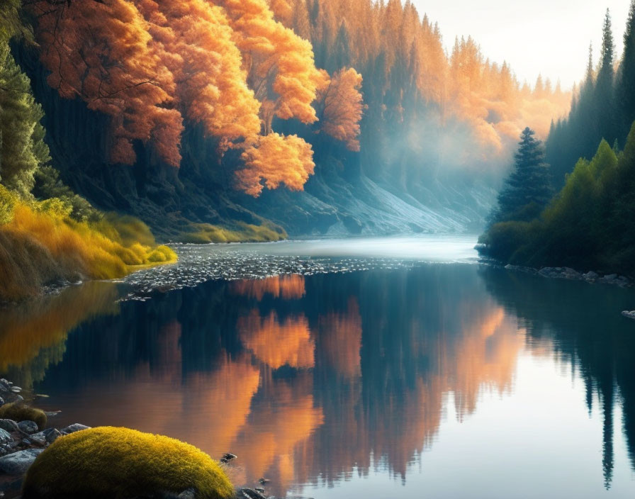 Tranquil River Reflecting Autumn Trees and Warm Sky