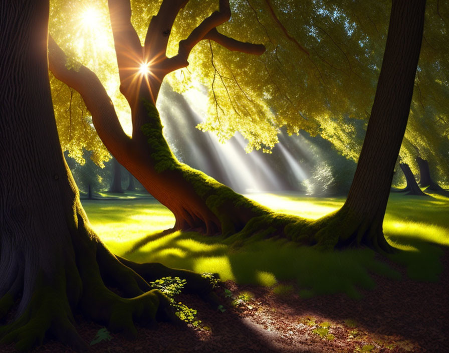 Lush green forest with sunbeams illuminating moss-covered trees