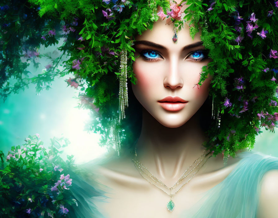 Digital artwork of woman with vibrant blue eyes and floral headdress