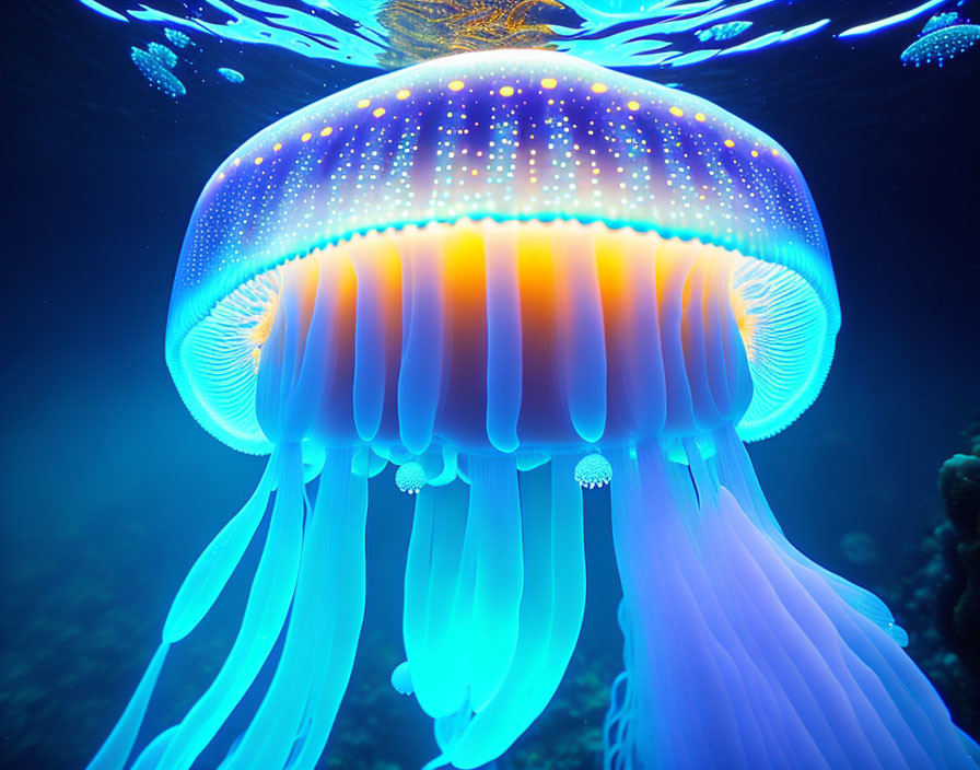 Vibrant Blue and Orange Bioluminescent Jellyfish in Water