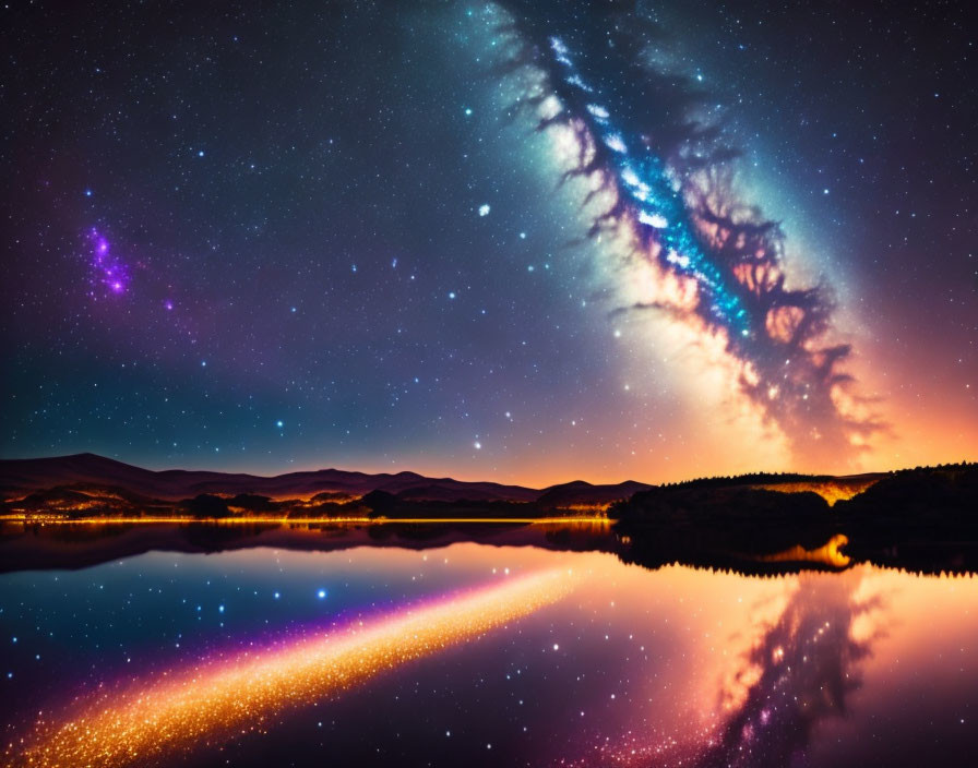 Starry night sky, galaxy, and nebula reflected on calm lake waters