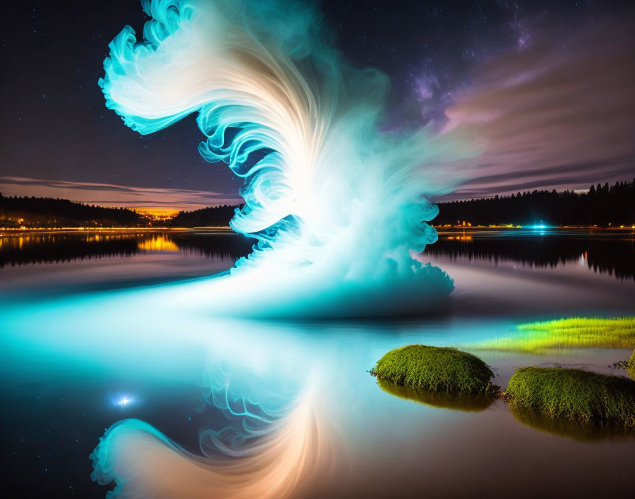 Swirling Light Formation Above Tranquil Lake at Night