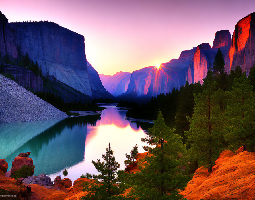 Scenic sunset over tranquil river in steep canyon