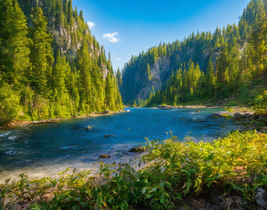 Tranquil river in forest valley with pine cliffs