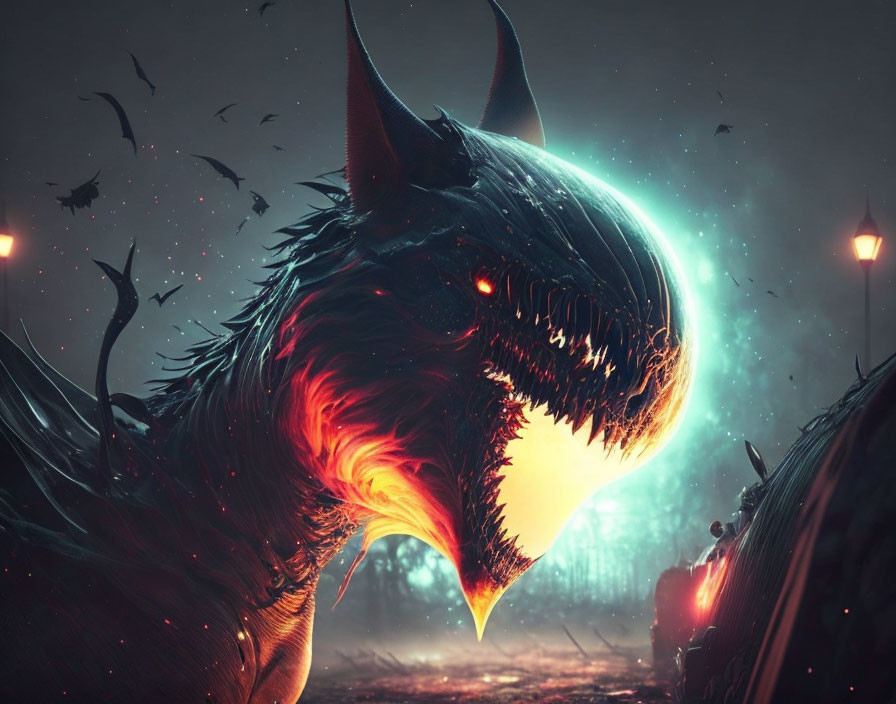 Sinister dragon creature with glowing red eyes and sharp horns in mystical setting