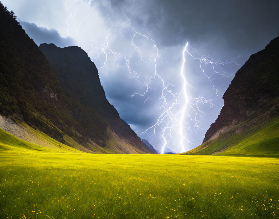 Stormy Sky Over Yellow Flower Field and Cliffs