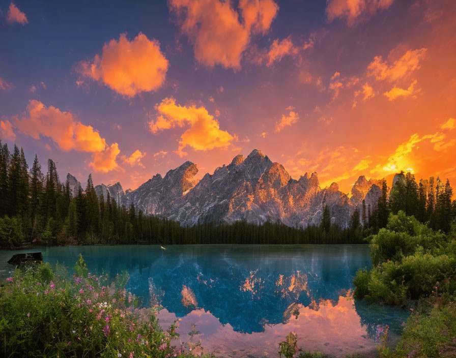 Scenic mountain lake at sunset with fiery clouds and pine trees