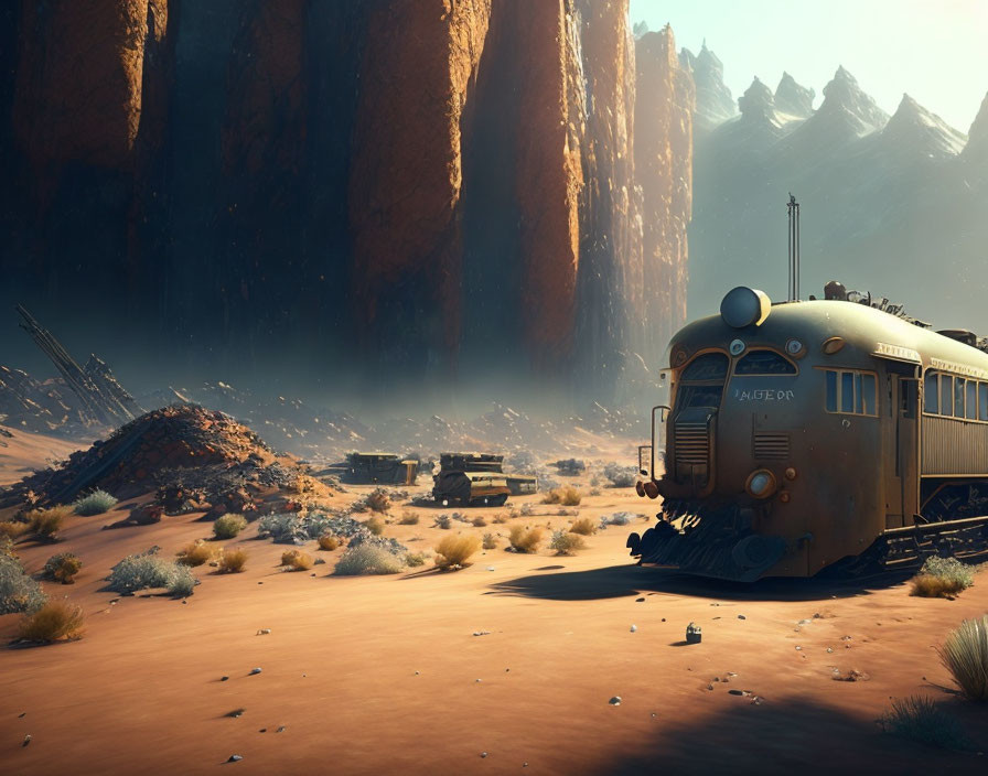 Deserted train in rocky desert landscape with scattered debris.