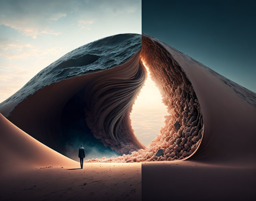 Person standing before massive wave-shaped sand dune under dramatic sky