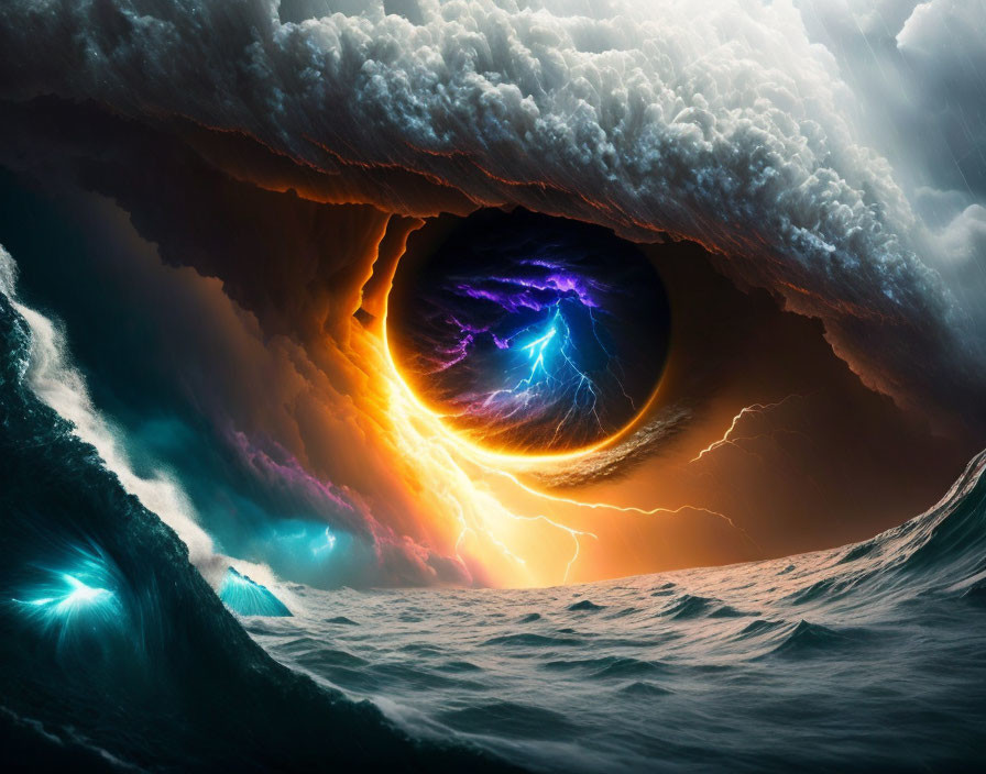 Surreal ocean scene with cosmic eye vortex and lightning clouds