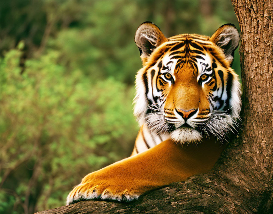 Majestic tiger with black stripes on tree branch in lush green setting