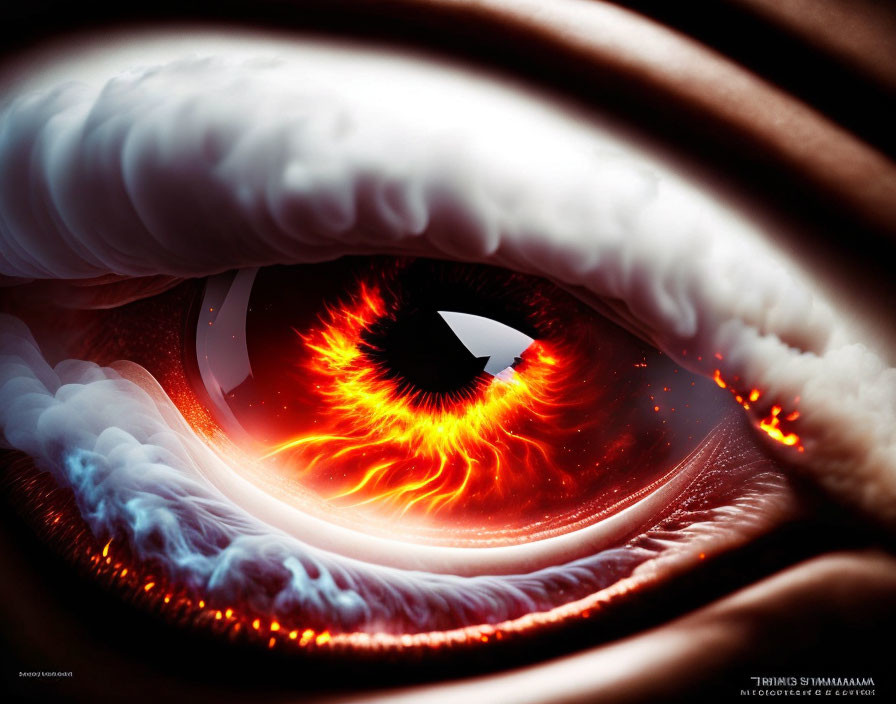 Detailed Close-Up of Red-Orange Fiery Eye with Swirling White Elements