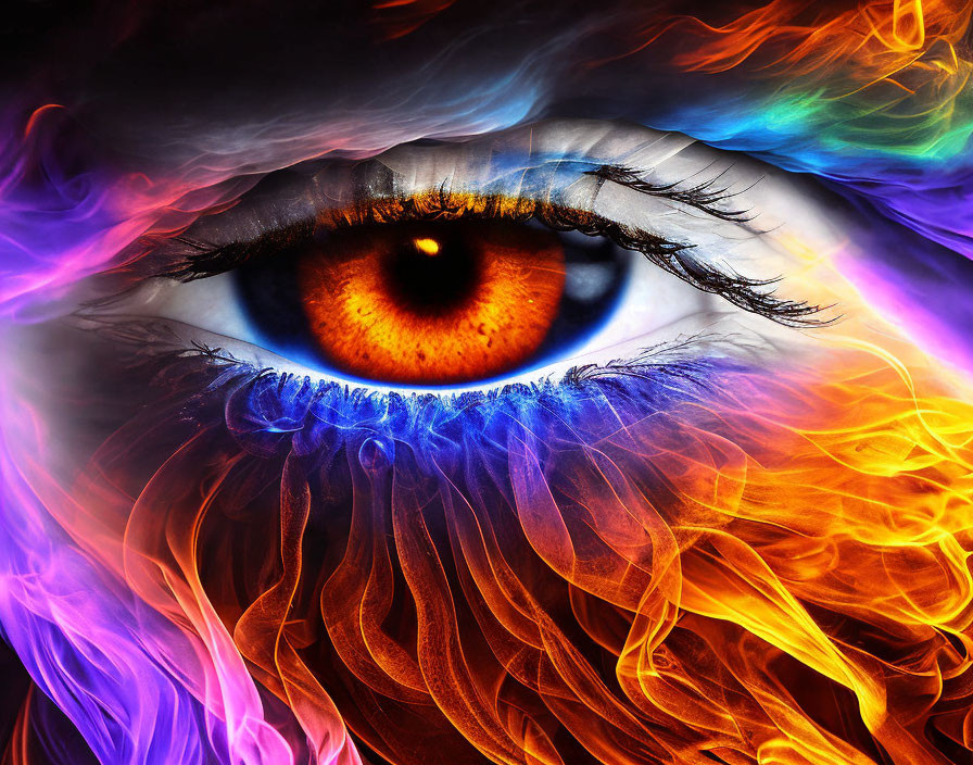 Close-up of vibrant eye with fiery orange iris and surrounding flames in blue, purple, orange, and