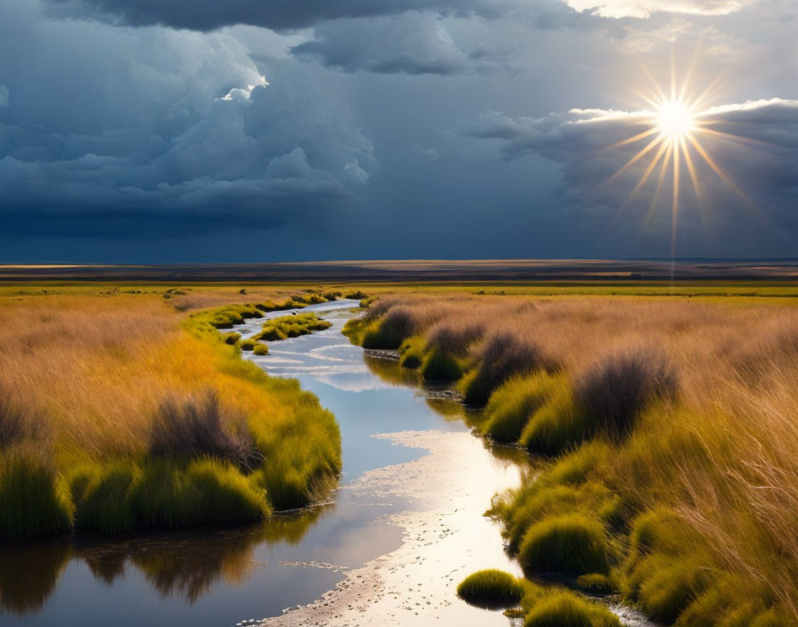 Dramatic clouds with sun over winding river in grassy plains