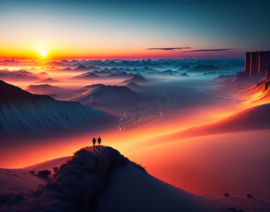 Silhouetted figures on ridge gaze at surreal sunrise over layered mountains