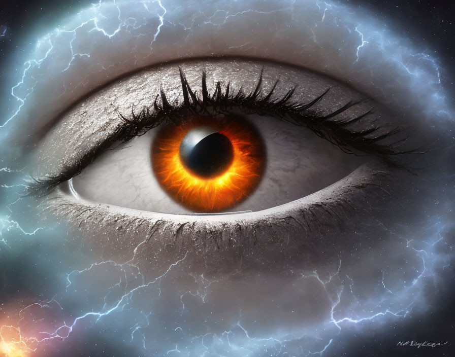 Close-up of vividly colored eye with orange pupil in stormy setting