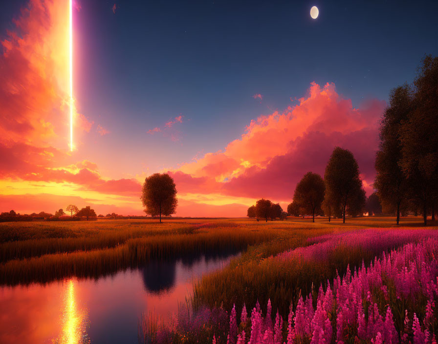 Tranquil sunset landscape with pink sky, fiery streak, lake, purple plants, and trees