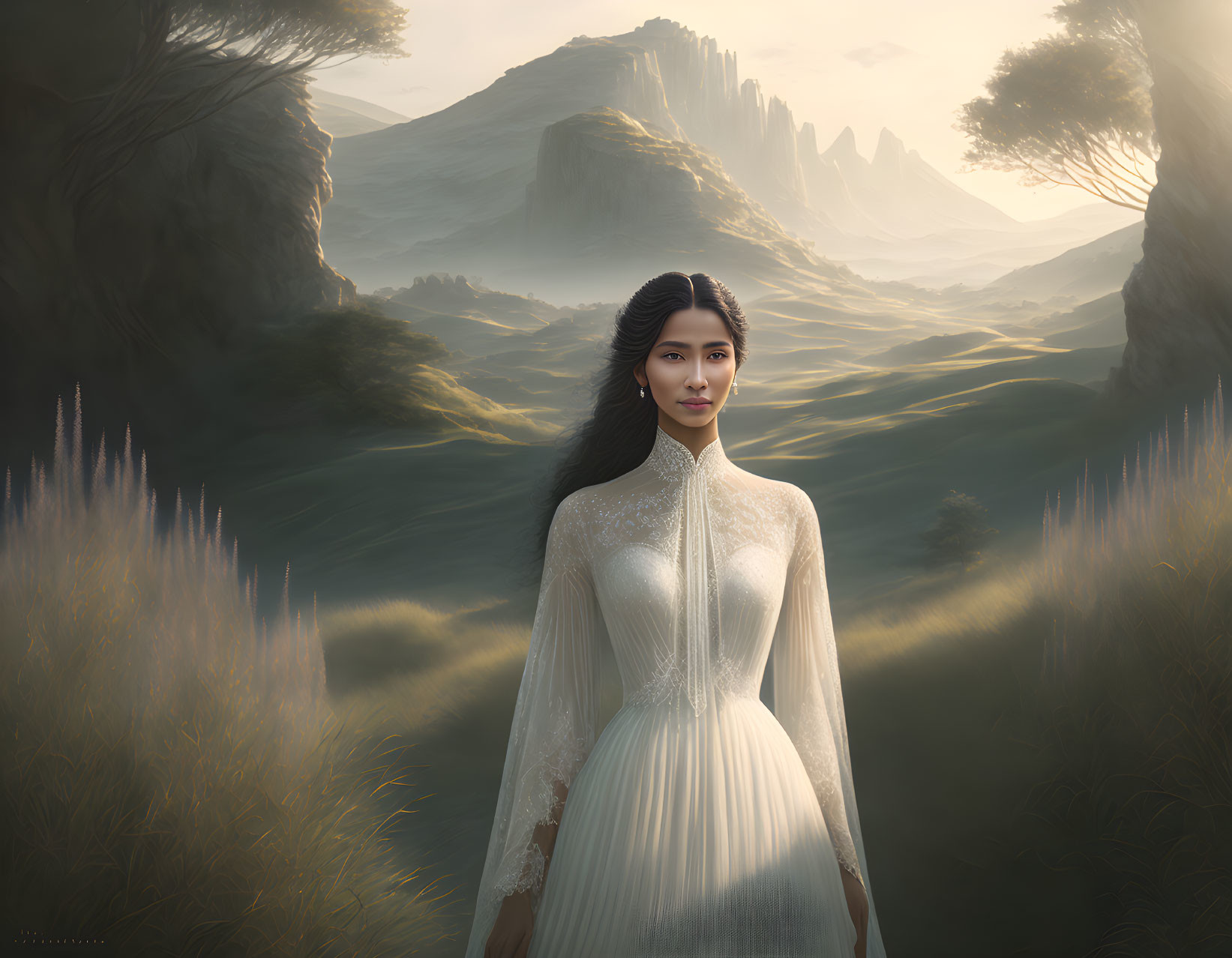 Woman in White Dress in Mystical Landscape with Cliffs