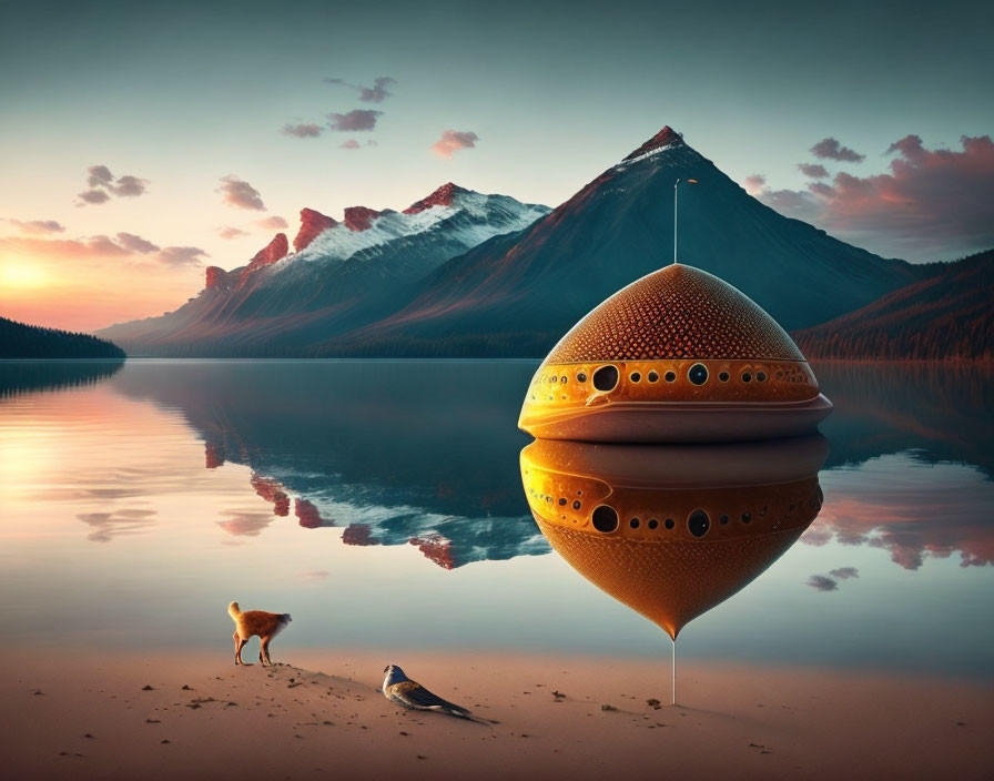 Surreal orange alien structure on serene lake with mountains and bird