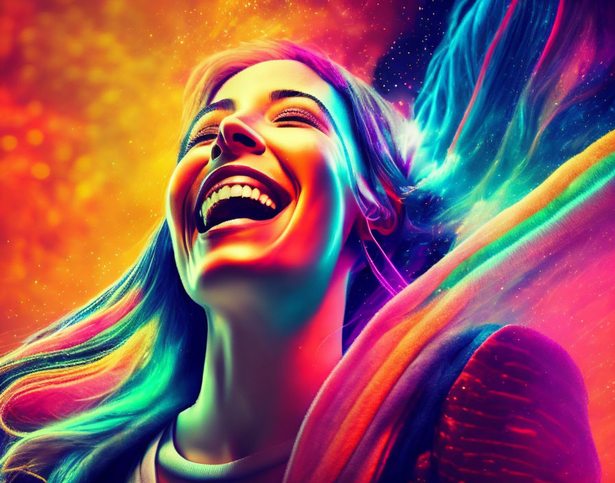 Colorful portrait of a laughing woman with cosmic background