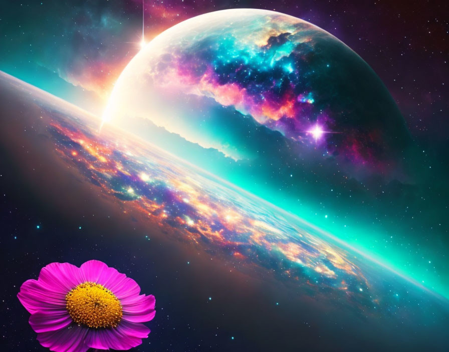 Colorful planet, starburst, and pink flower in cosmic scene