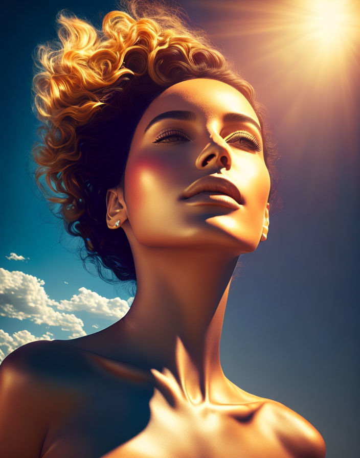 Curly-Haired Woman Bathed in Golden Sunlight against Blue Sky