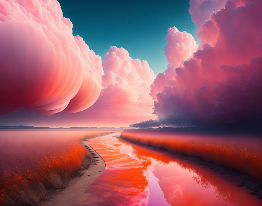 Vibrant pink and blue sky over surreal landscape with mammoth clouds, winding path, and red