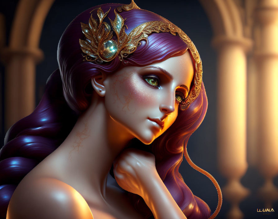 Digital Artwork: Woman with Purple Hair & Gold Crown on Gothic Archway Background