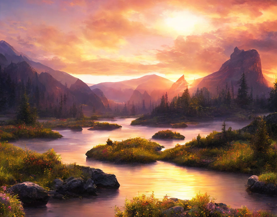 Tranquil sunrise landscape with river, greenery, & mountains