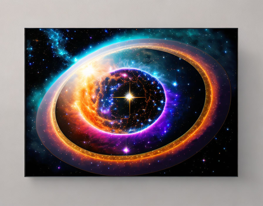 Colorful Cosmic Scene with Spiral Galaxy and Nebulae on Dark Background