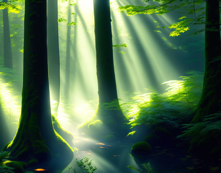 Sunbeams illuminate misty forest floor and serene water