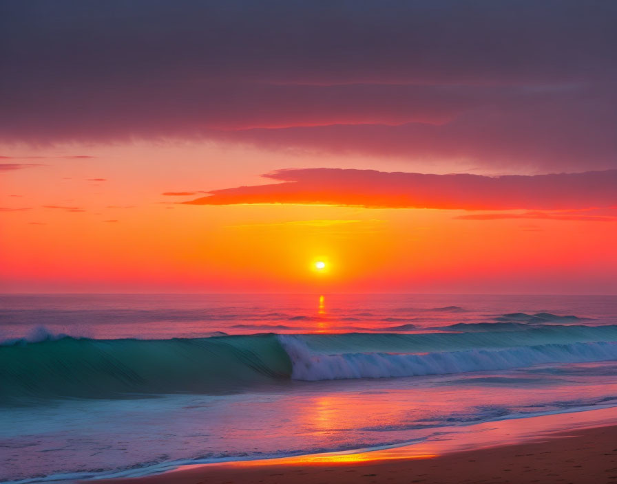 Colorful beach sunset with orange, pink, and purple hues reflecting on the water