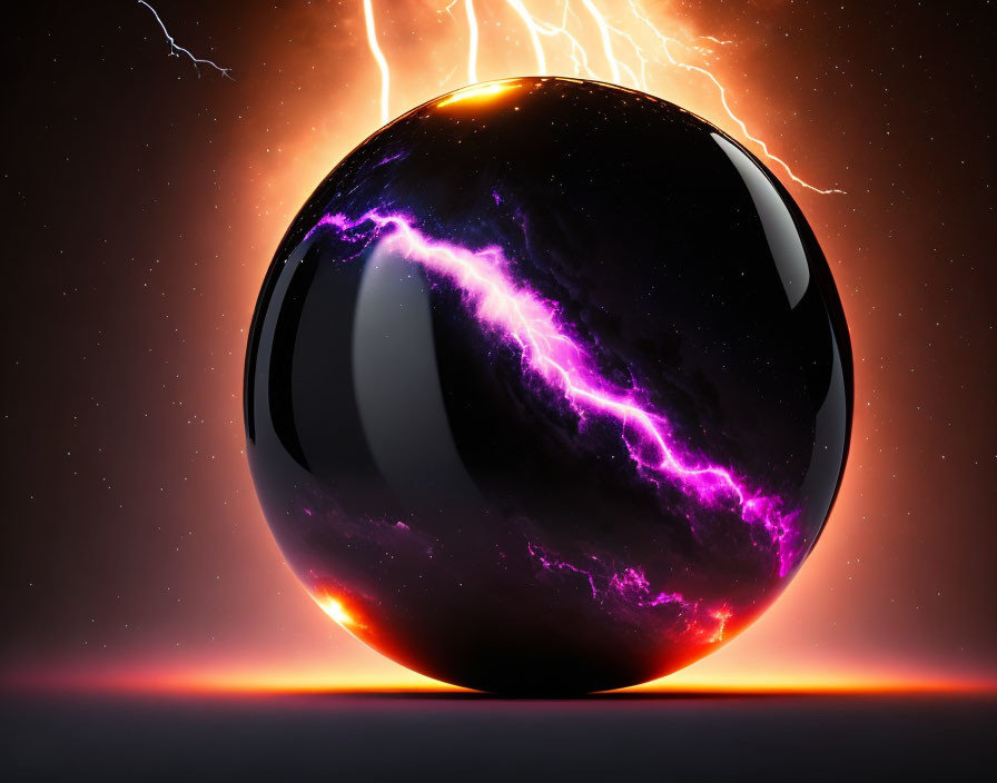 Vibrant purple lightning effects on glossy sphere with fiery glow