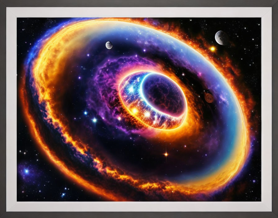 Colorful framed cosmic image: ring-like nebula, purple and orange hues, blue star, planets