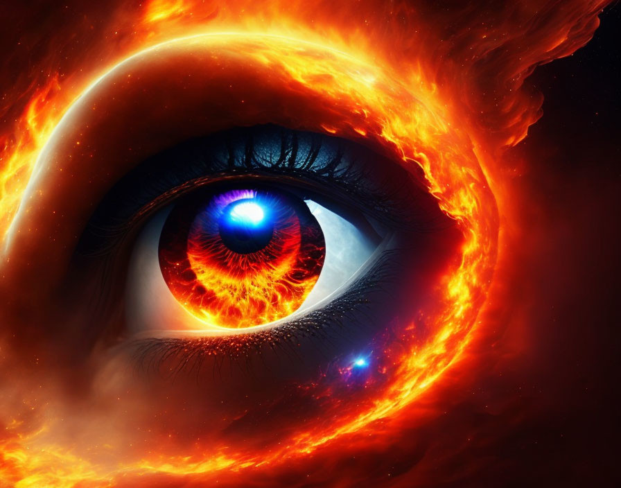 Detailed human eye merges with fiery cosmic elements