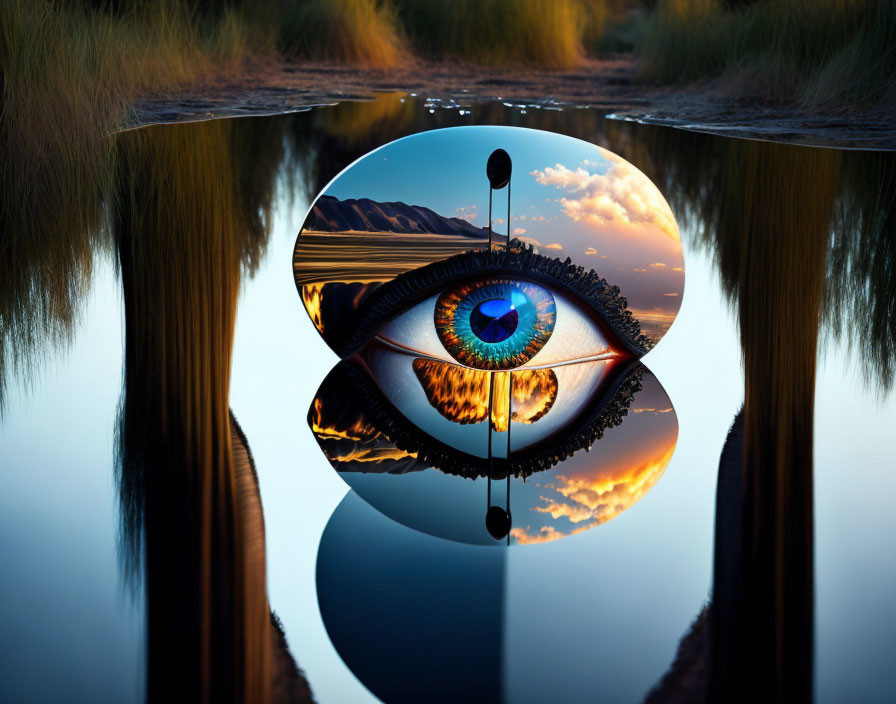 Surreal human eye over tranquil landscape with water and twilight sky