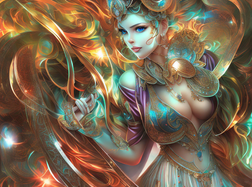 Fantasy artwork featuring woman in golden armor with blue eyes