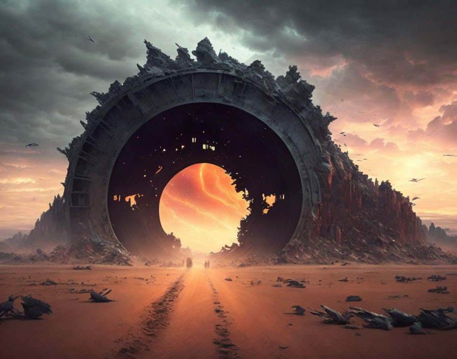 Colossal circular gateway in vast otherworldly landscape