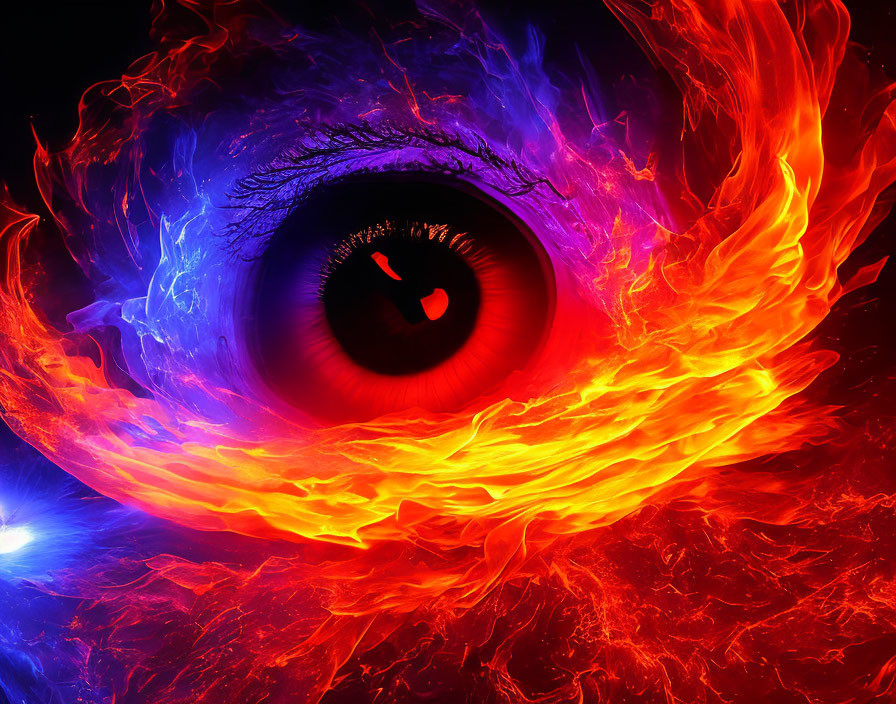 Eye surrounded by fiery red and cool blue flames in digital artwork