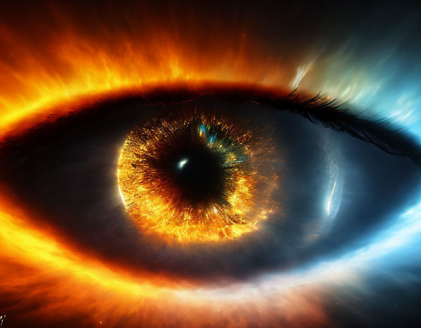 Close-up Digital Artwork: Human Eye with Fiery & Icy Cosmic Elements