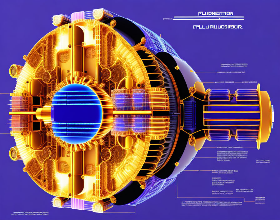 Detailed futuristic machinery diagram with central sphere and intricate circuits on vibrant blue and purple backdrop